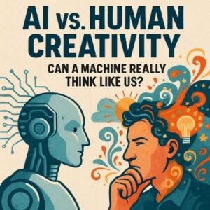 AI vs Human Creativity — digital brain and human head side by side, symbolizing artificial intelligence vs human imagination